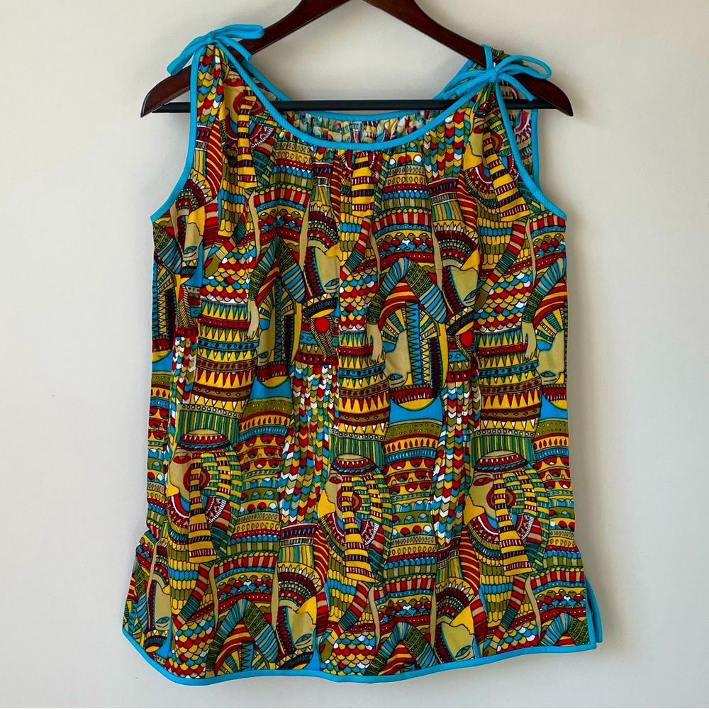 VINTAGE 80s Egyptian Tunic-Style Brightly Colored Shirt with Shoulder Ties